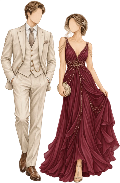 Inspirations de tenues : costume beige et robe de soirée bordeaux.