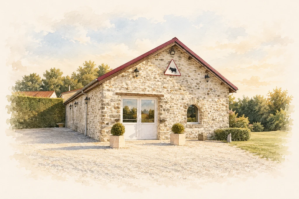 Illustration de la Grange aux Bœufs : grange en pierre, panneau au bœuf noir au-dessus de la porte vitrée, cour en gravier.
